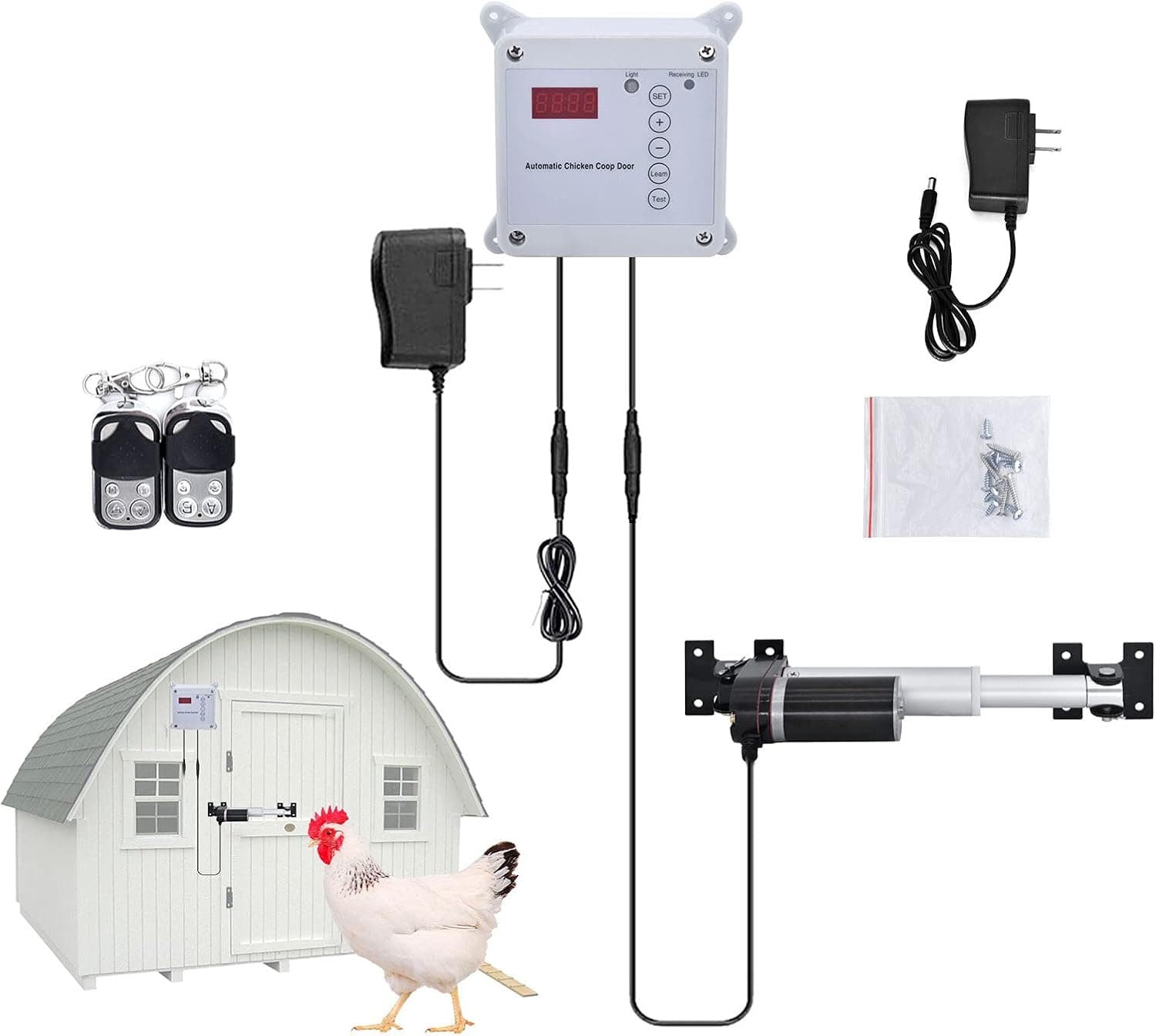 Automatic Chicken Coop Door Opener Kit, Auto Door Controller with Timer, Light Sensor and Remote Control, for Coop Openings 9 to 39 Inches Wide