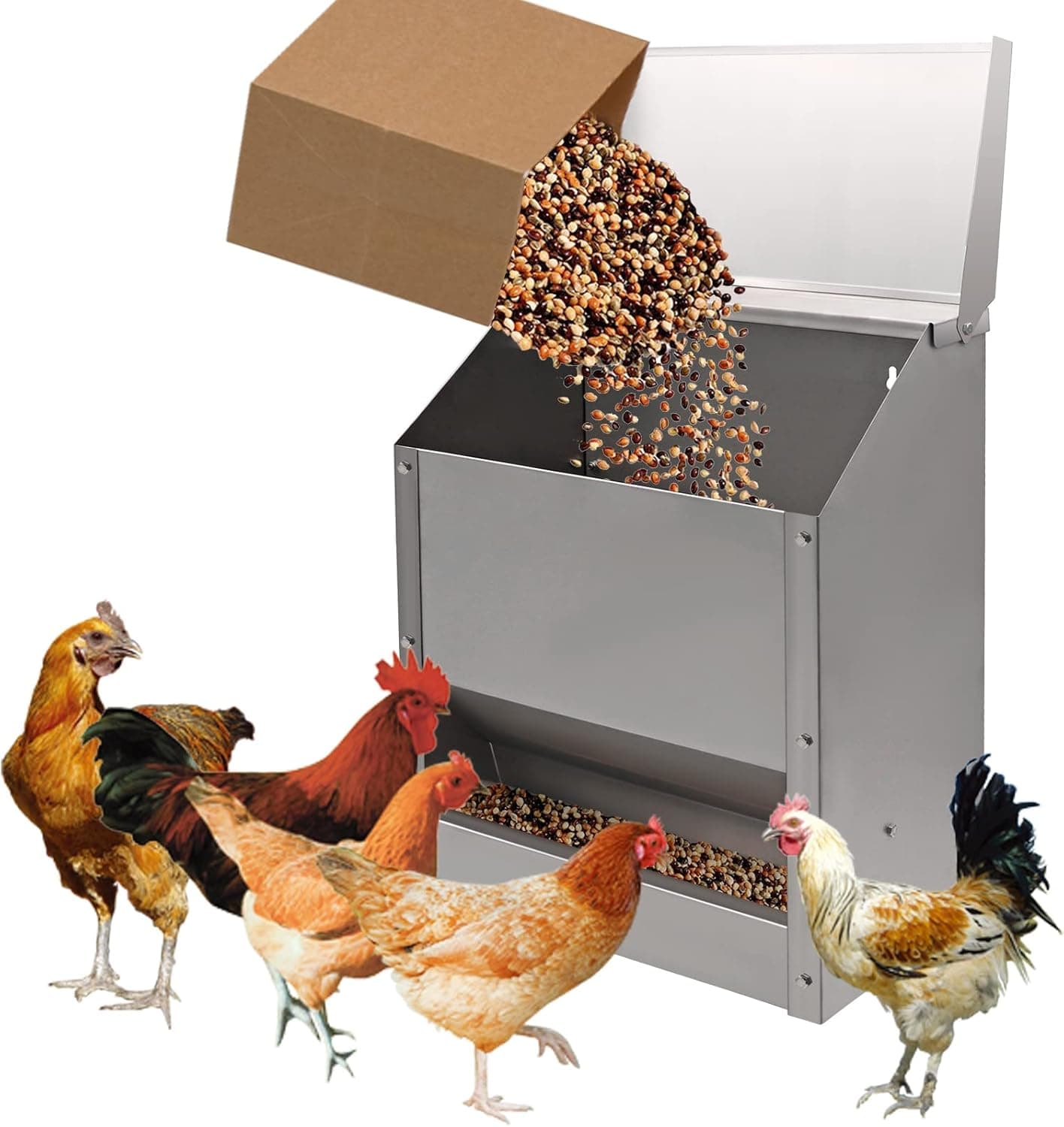 KHEARPSL Galvanized Steel Chicken Feeder, Rainproof Hanging Poultry Feeder Trough with Lid, Holds 25 lbs