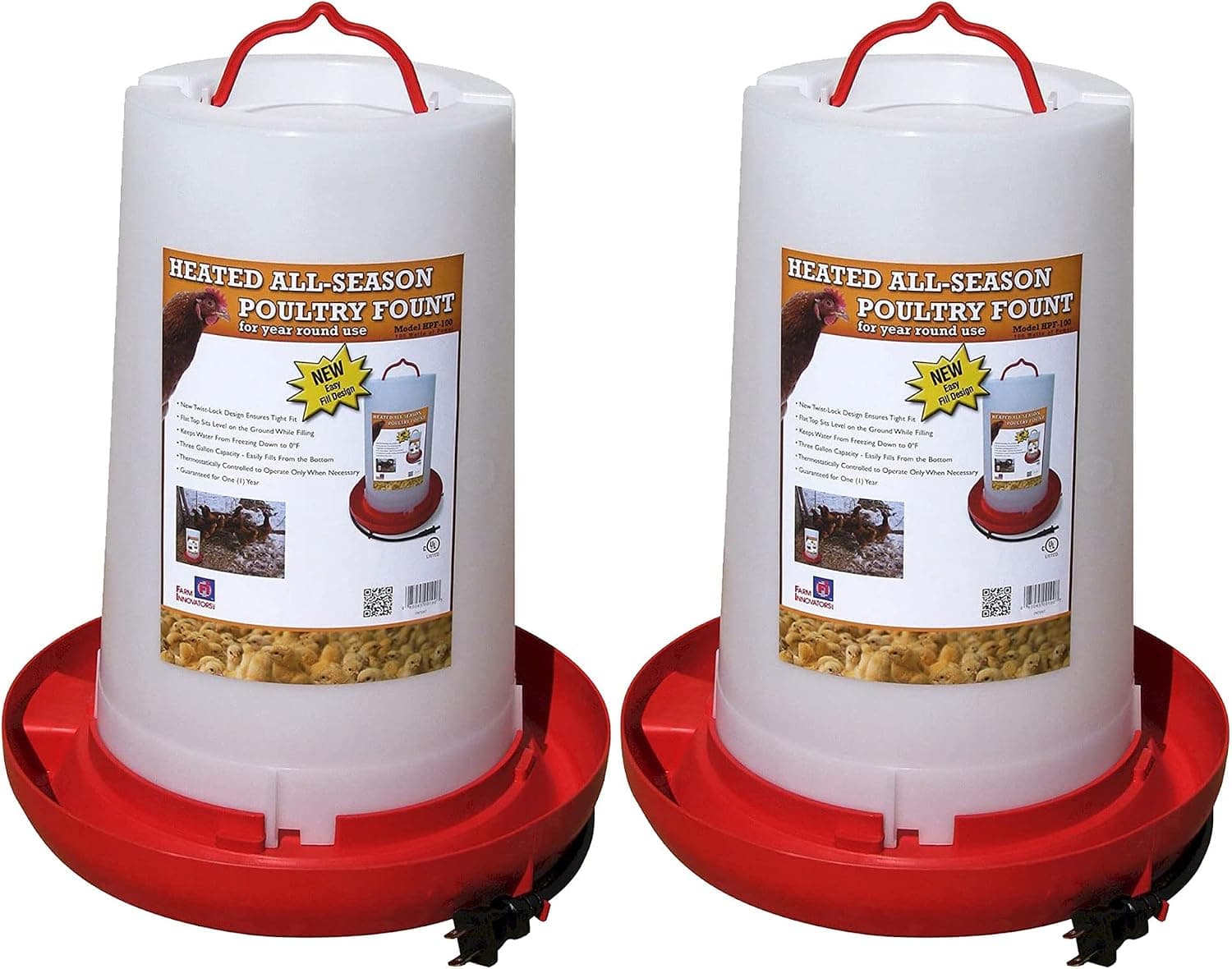Farm Innovators 2 Pack Heated Chicken Waterer, Poultry Water Fountain, 3 Gallon
