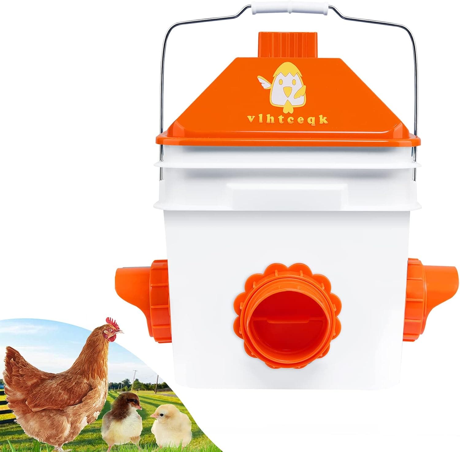 vlhtceqk Chicken Feeder No Waste 20 lb with 4 Ports, Rain Proof Gravity Feed Bucket, Orange
