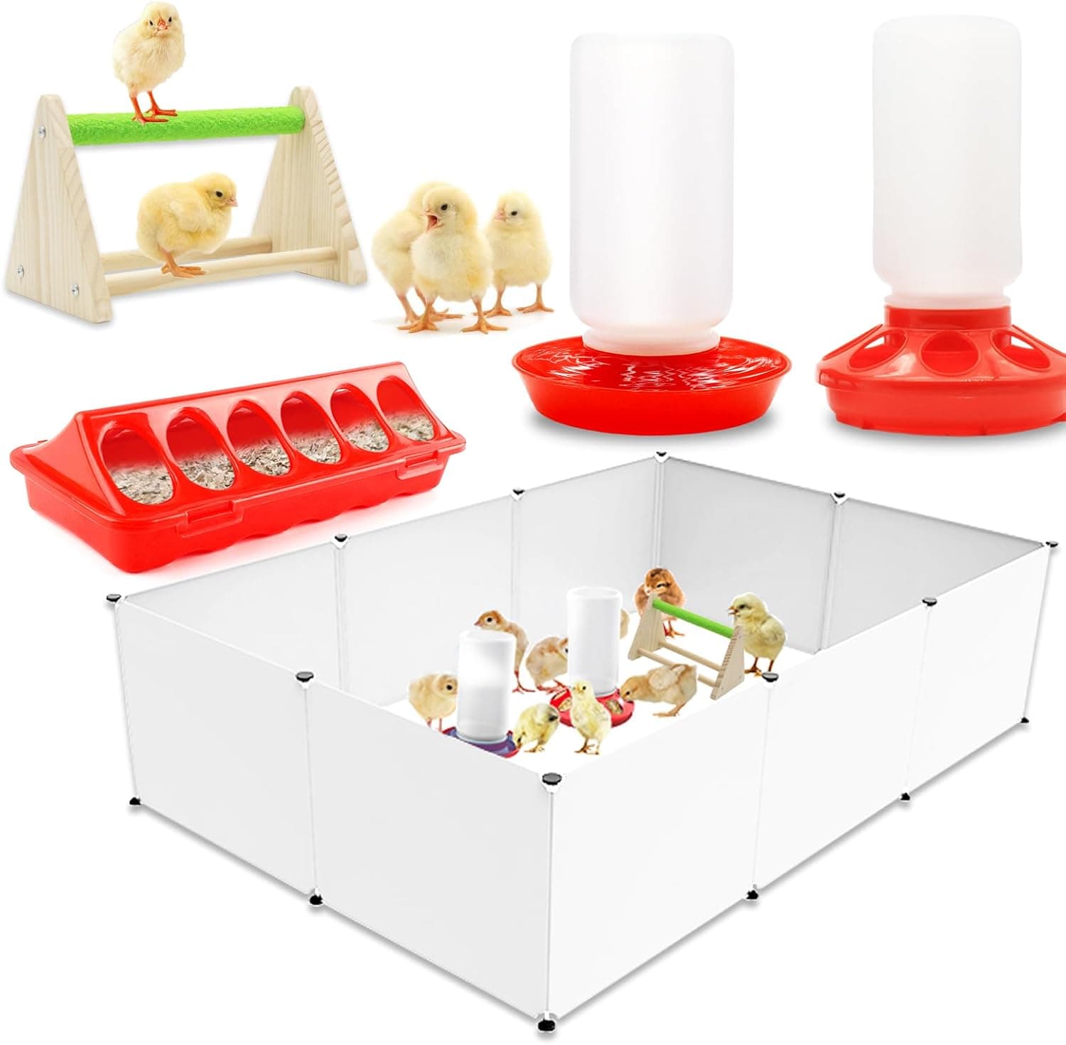 GIFANK Chick Brooder Box Starter Kit with Chick Perch, Flip Top Poultry Feeder, 1L Chick Feeder and Waterer Kit