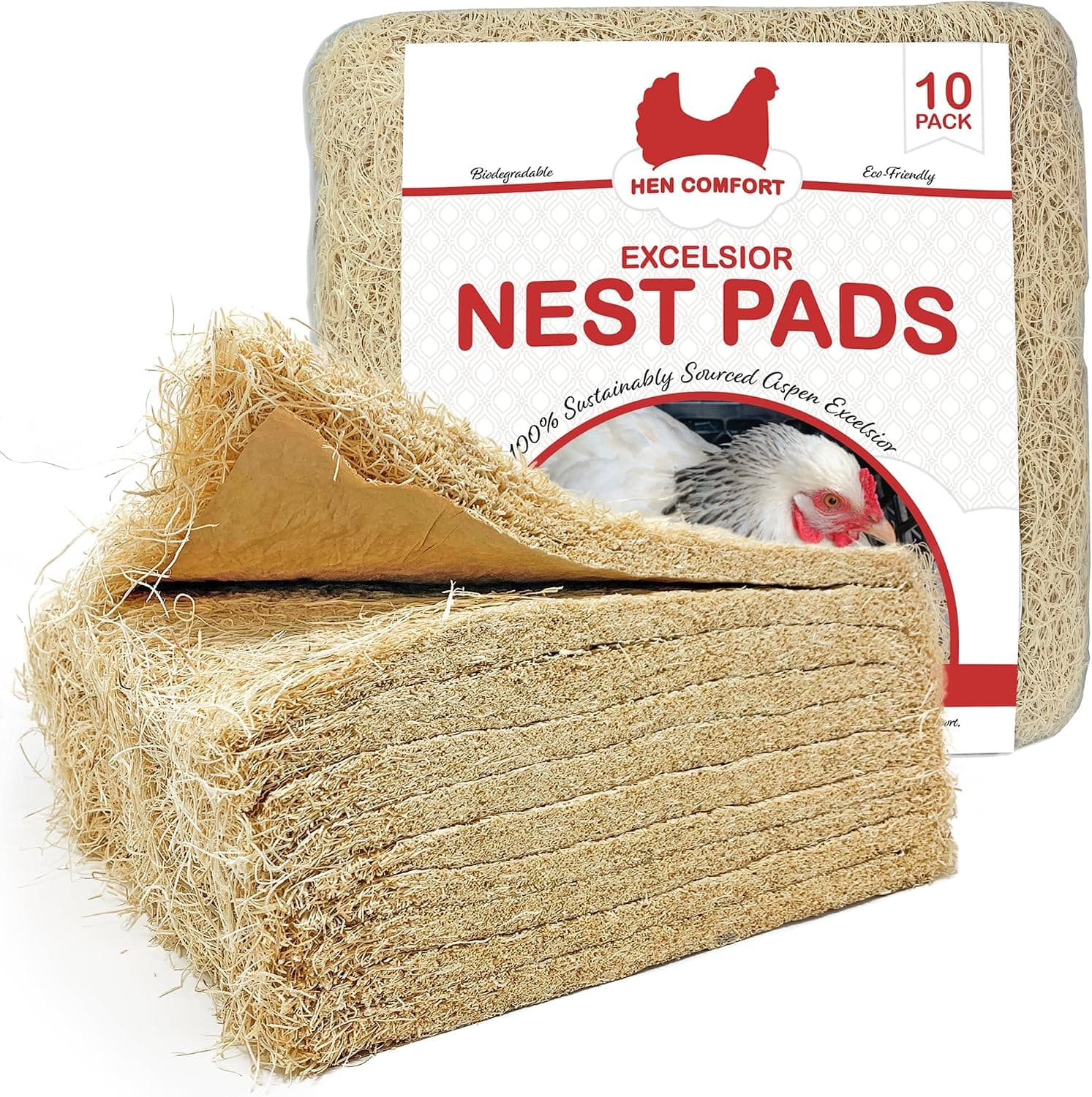 Hen Comfort Nest Pads for Chicken Nesting Boxes, 13 x 13 Aspen Excelsior, 10 Pack