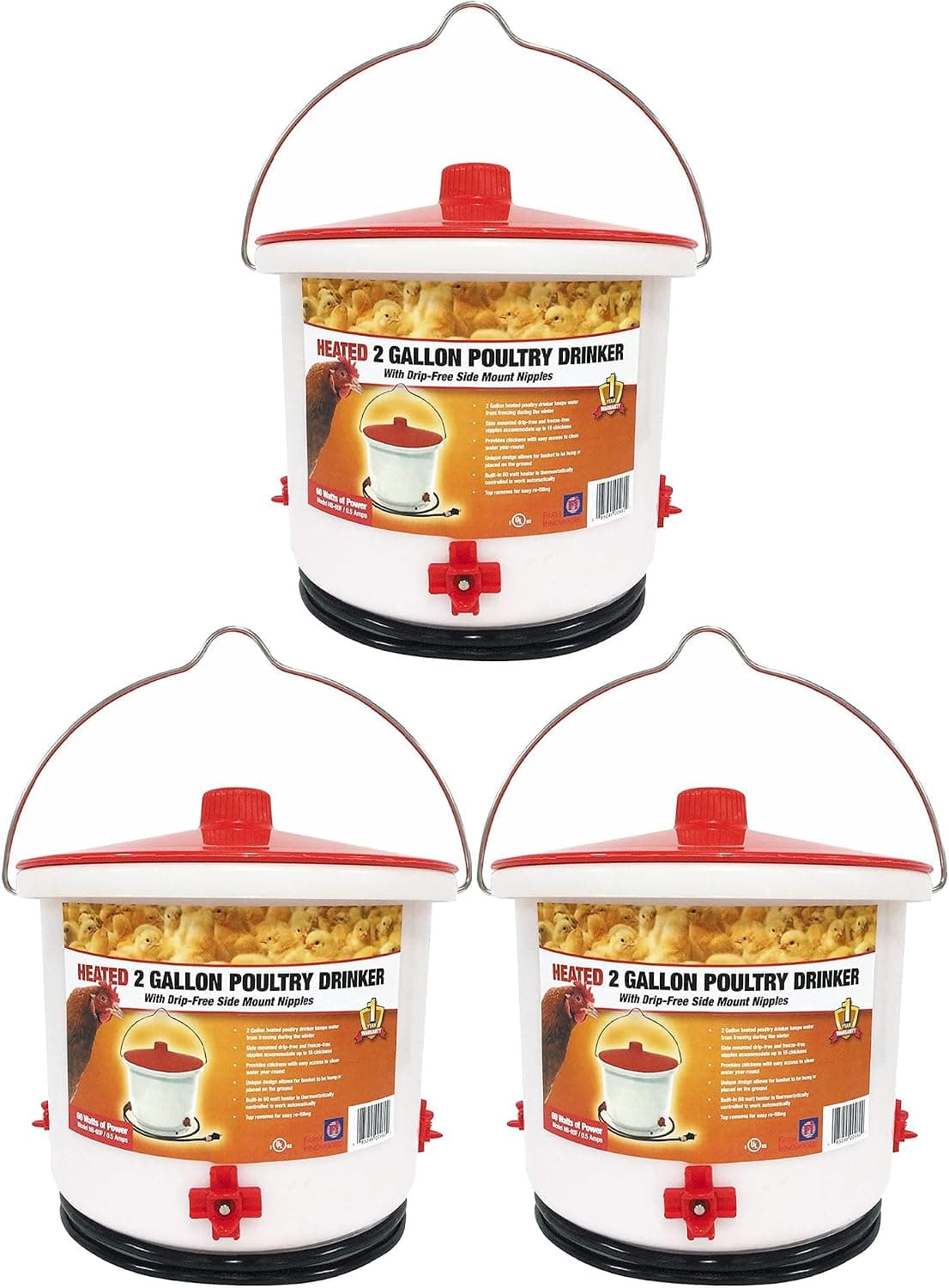 Farm Innovators 3 Pack Heated Chicken Waterer, Poultry Drinker Bucket, 2 Gallon