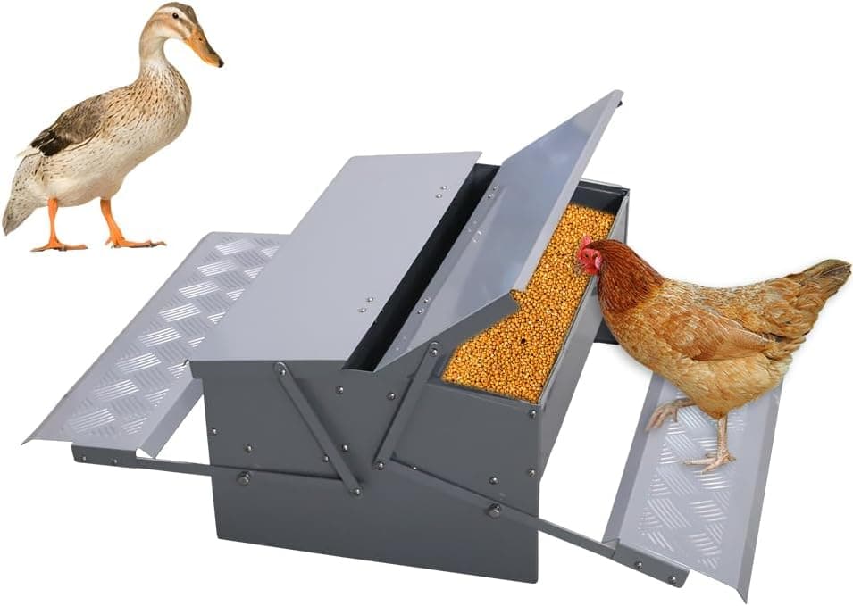 APlayfulBee Automatic Chicken Feeder Treadle Feeding Trough, No Waste 25 lbs Double-Side with Weatherproof Lid