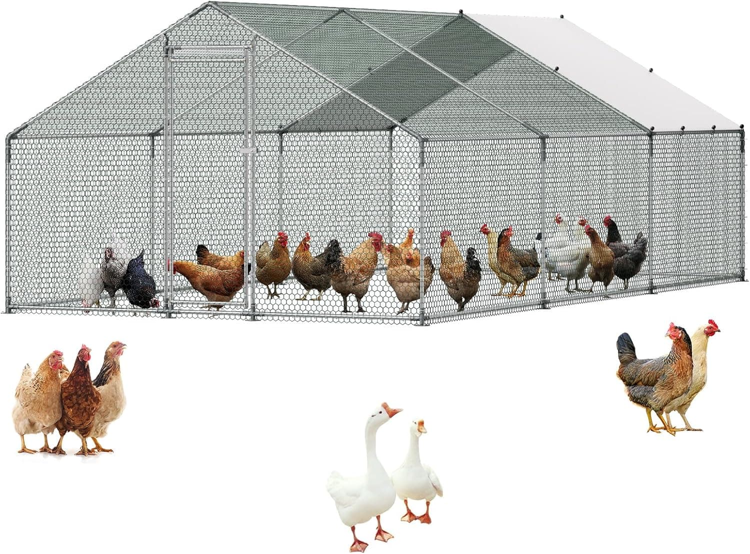 VEVOR Large Metal Chicken Coop, 19.7 x 9.8 x 6.5 ft Walk-in Chicken Run for Yard with Cover, Spire Roof Hen House with Security Lock