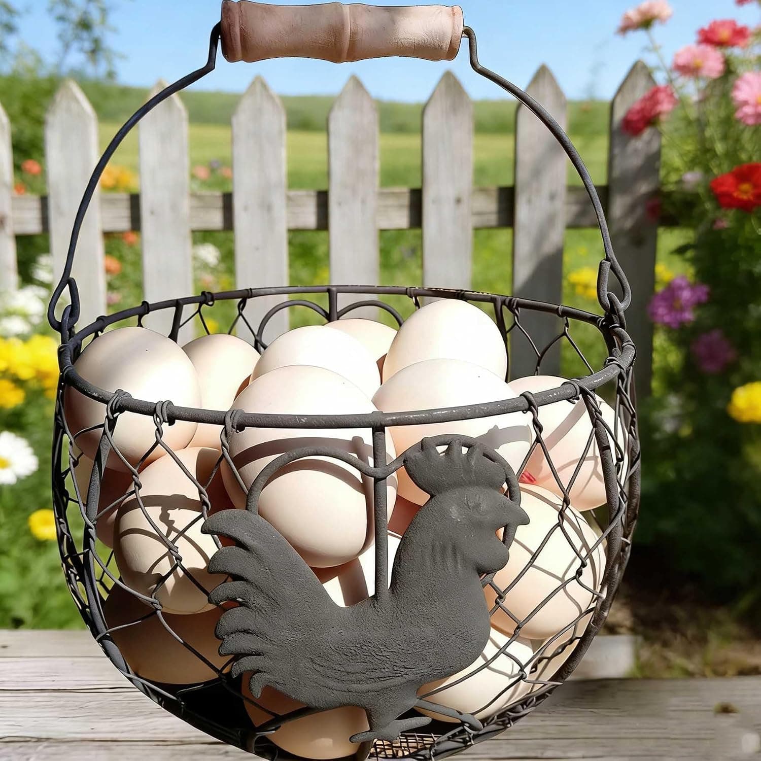 LINCOUNTRY Chicken Wire Egg Basket for Gathering Fresh Eggs with Handle, Vintage Rustic Farmhouse Rooster Decor Round Metal Egg Collecting Basket