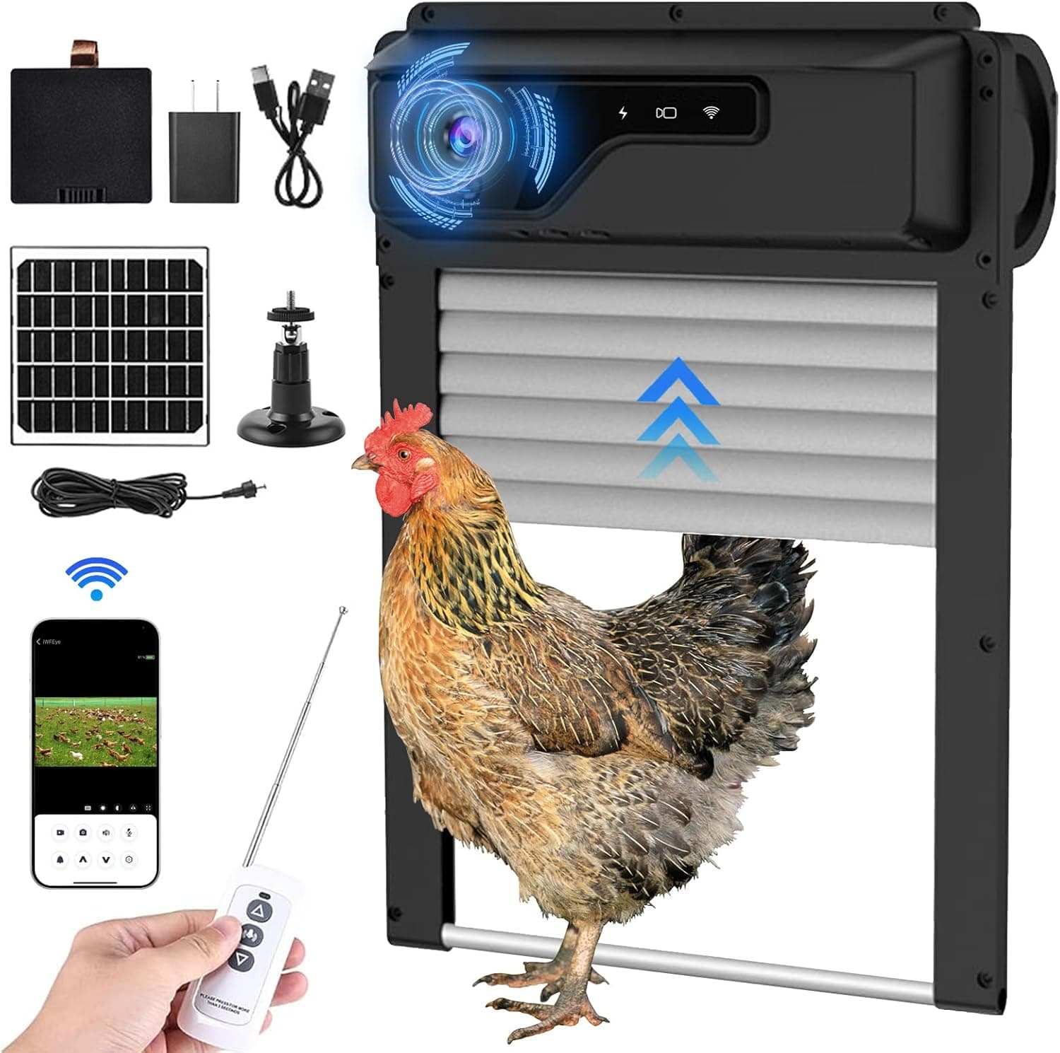 Automatic Chicken Coop Door with WiFi and HD Camera, Remote App Monitoring, Anti-Trap Sensor and Alarm, Solar Power and 5000 mAh Battery
