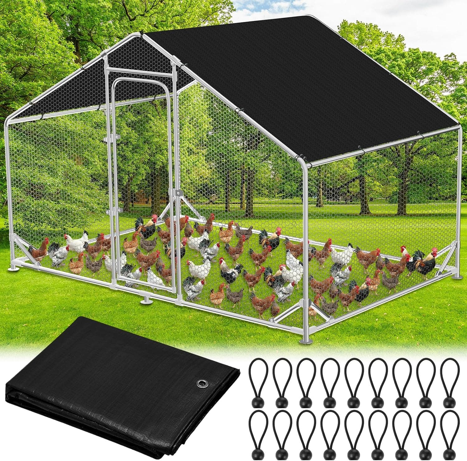 Nuanchu Chicken Coop Cover Waterproof, 11.3 x 6.3 ft Chicken Run Cover Coop Tarp, UV Resistant Shade Cloth with 18 Ball Bungee Cords, Black