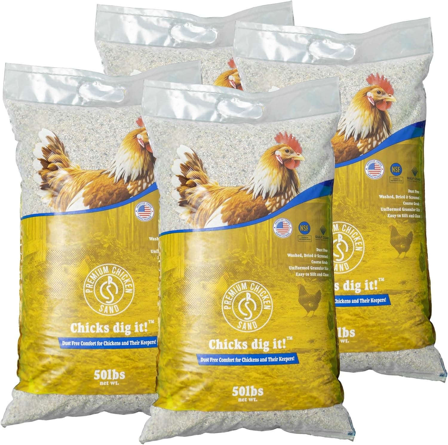 Premium Chicken Sand 50 lbs (4-Pack) - Dust-Free, Odor-Control Bedding for Chicken Coops, Nesting Boxes, and Runs - Natural Poultry Litter, 200 lbs Total