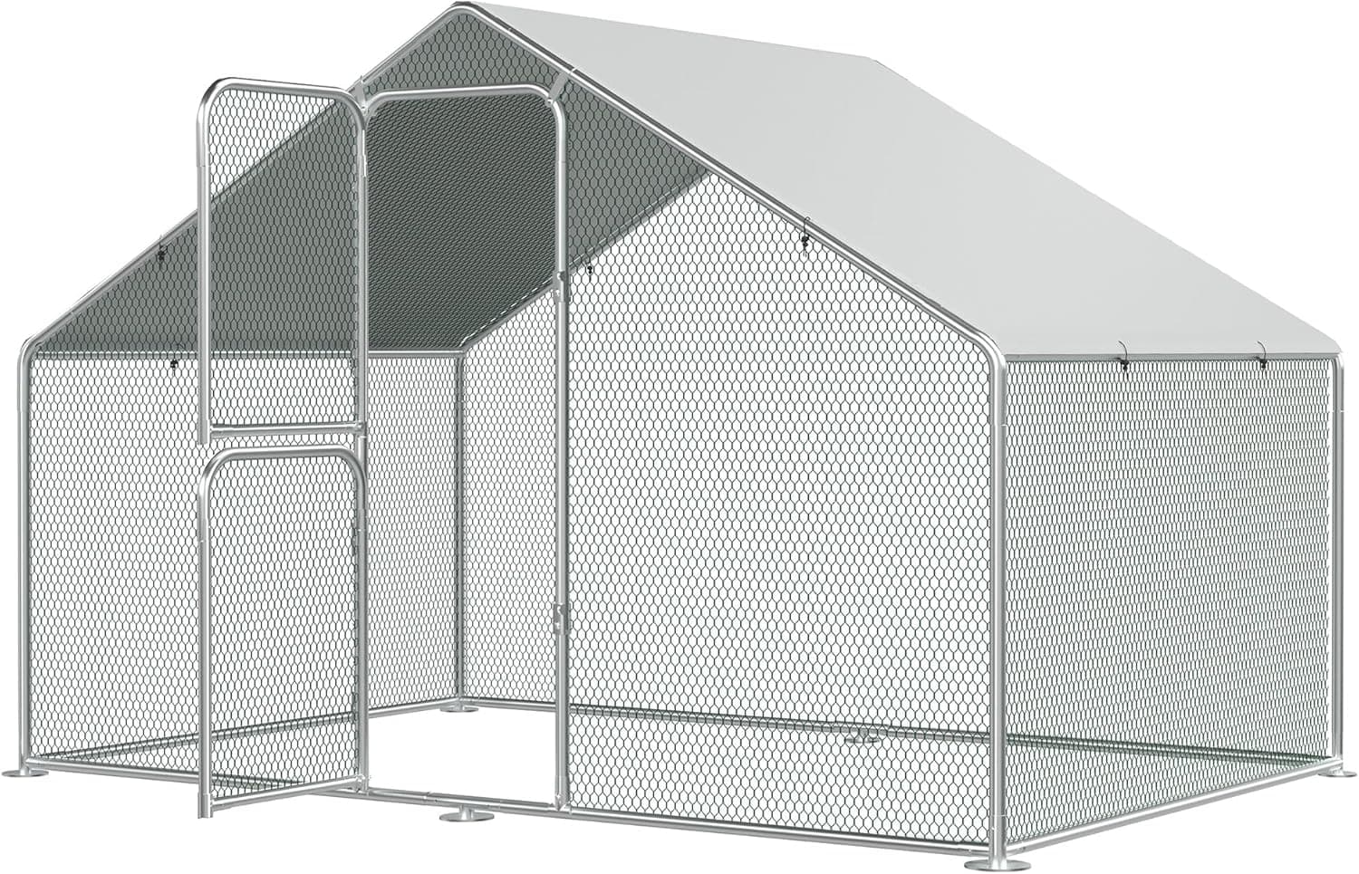 Chicken Coops Outdoor Walk-in Metal Chicken Runs for 6-10 Chickens with Hardware Cloth Spire Roof Hen House and Security Lock
