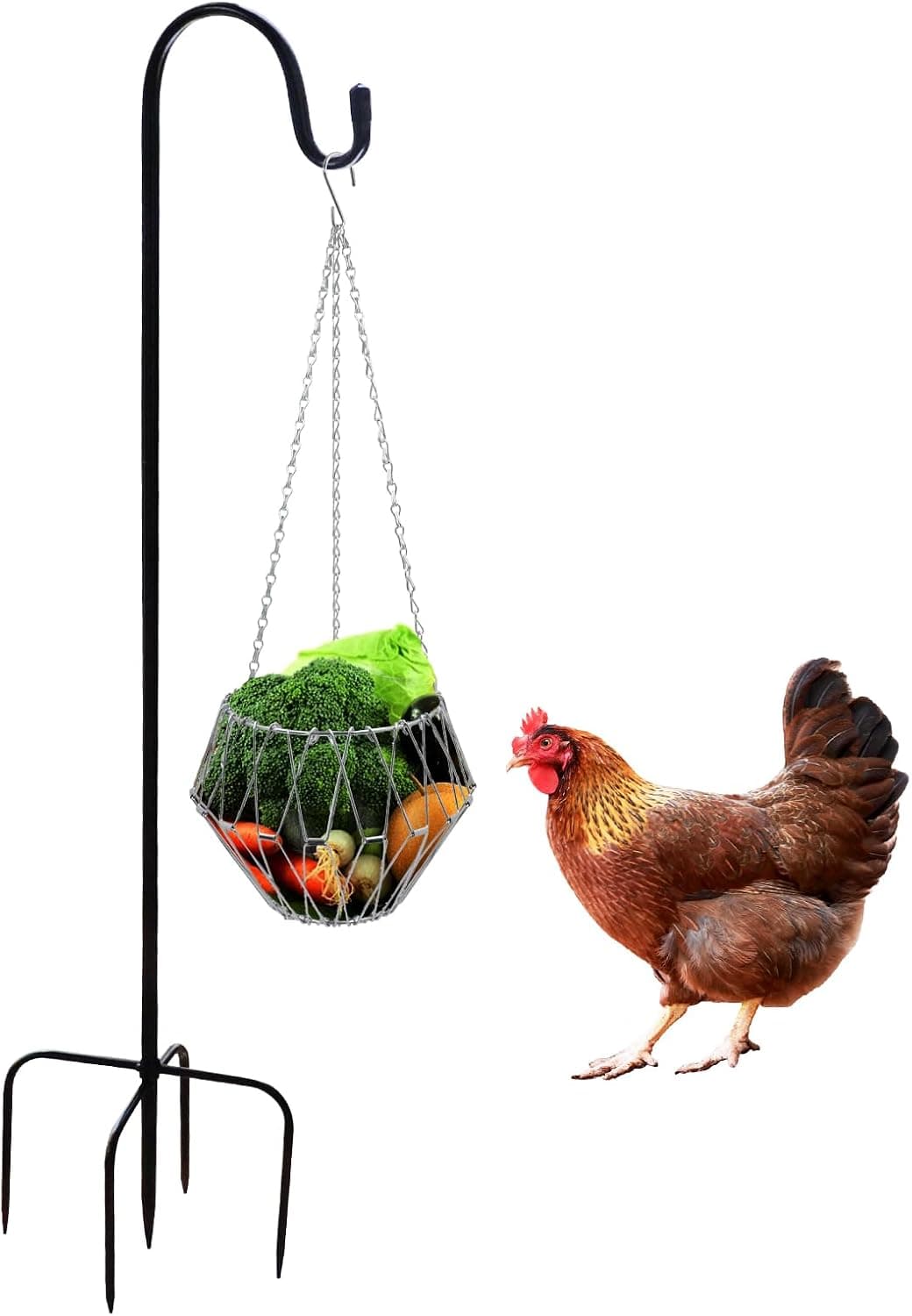 Hanging Chicken Feeder, Metal Chicken Treat Dispenser with Chain and Stand Pole, Chicken Enrichment Toy