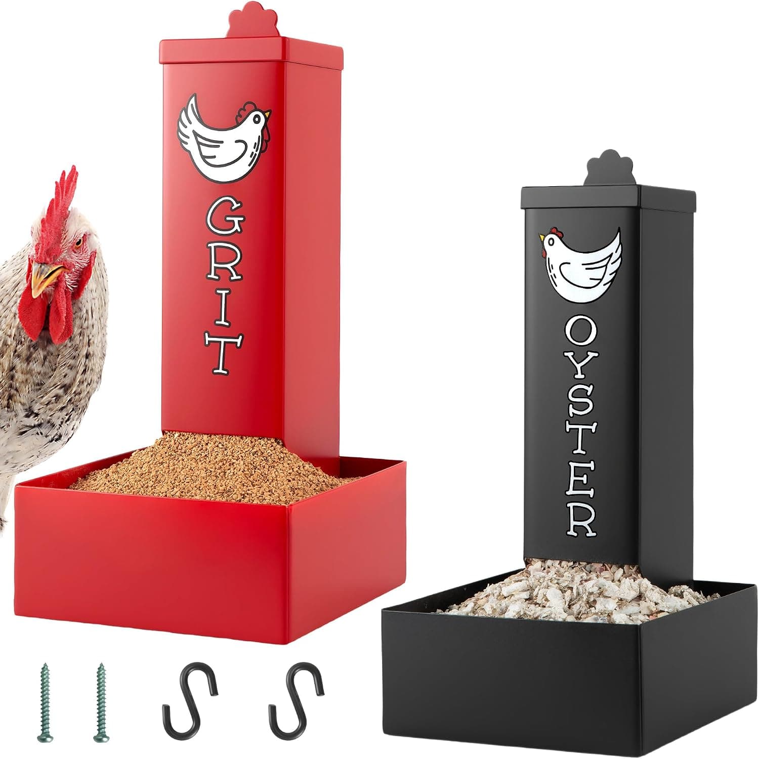 Chicken Grit and Oyster Shell Feeder Combo - 4.5lb Dual Metal Hanging Poultry Feeder with Drain Holes