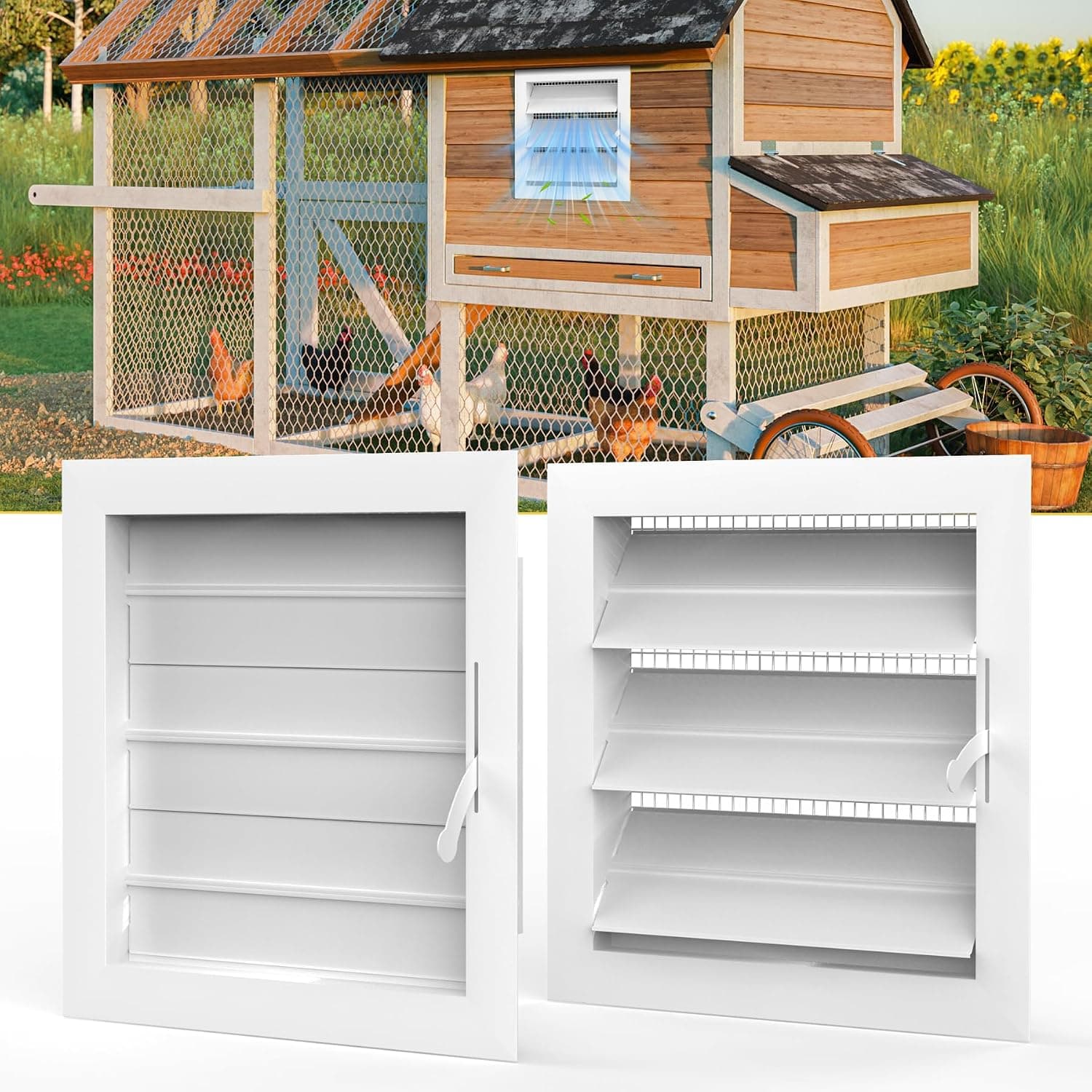 Powrocket 2 Pack Air Vent Louver for Chicken Coop, 12" x 12" Adjustable Chicken Coop Window with Screen Mesh