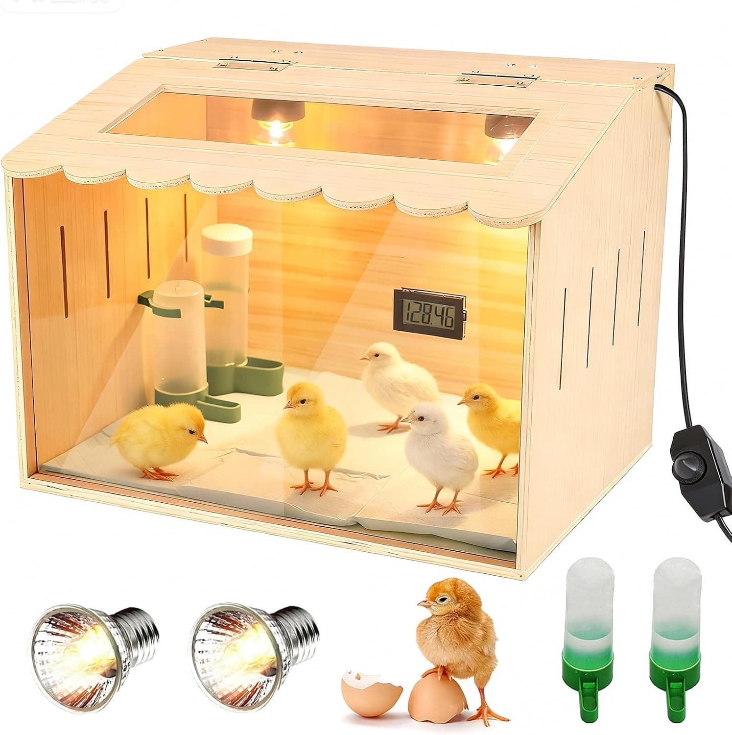 Wooden Chick Brooder Box Kit with Adjustable Dual Heater & Thermometer, Poultry Hatching Enclosure with 10 Pads, Feeder, Waterer - Natural Wood Brooder Heater for Baby Chicken, Quail, Ducklings
