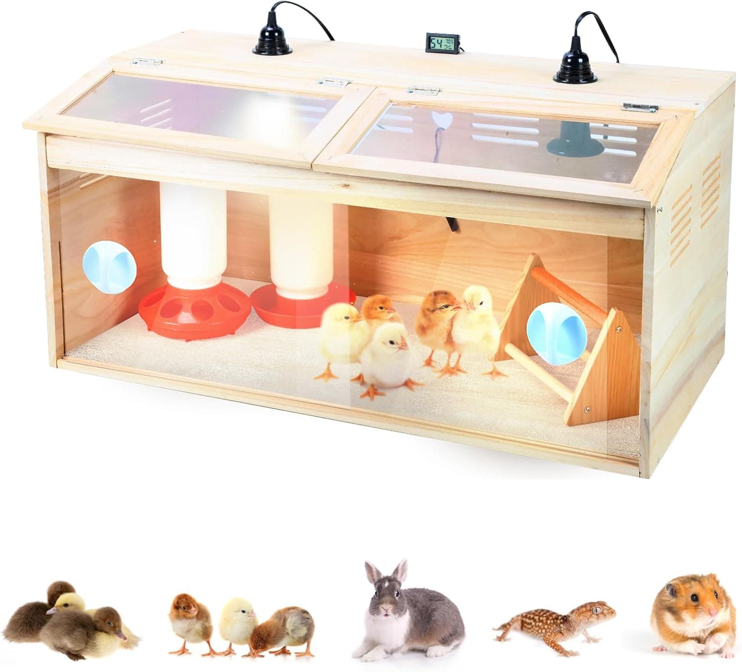 GIFANK Chick Brooder Box Chick Starter Kit, Large Wooden Brooder Box with Waterer Feeder Perch Thermometer and Heat Lamp Set