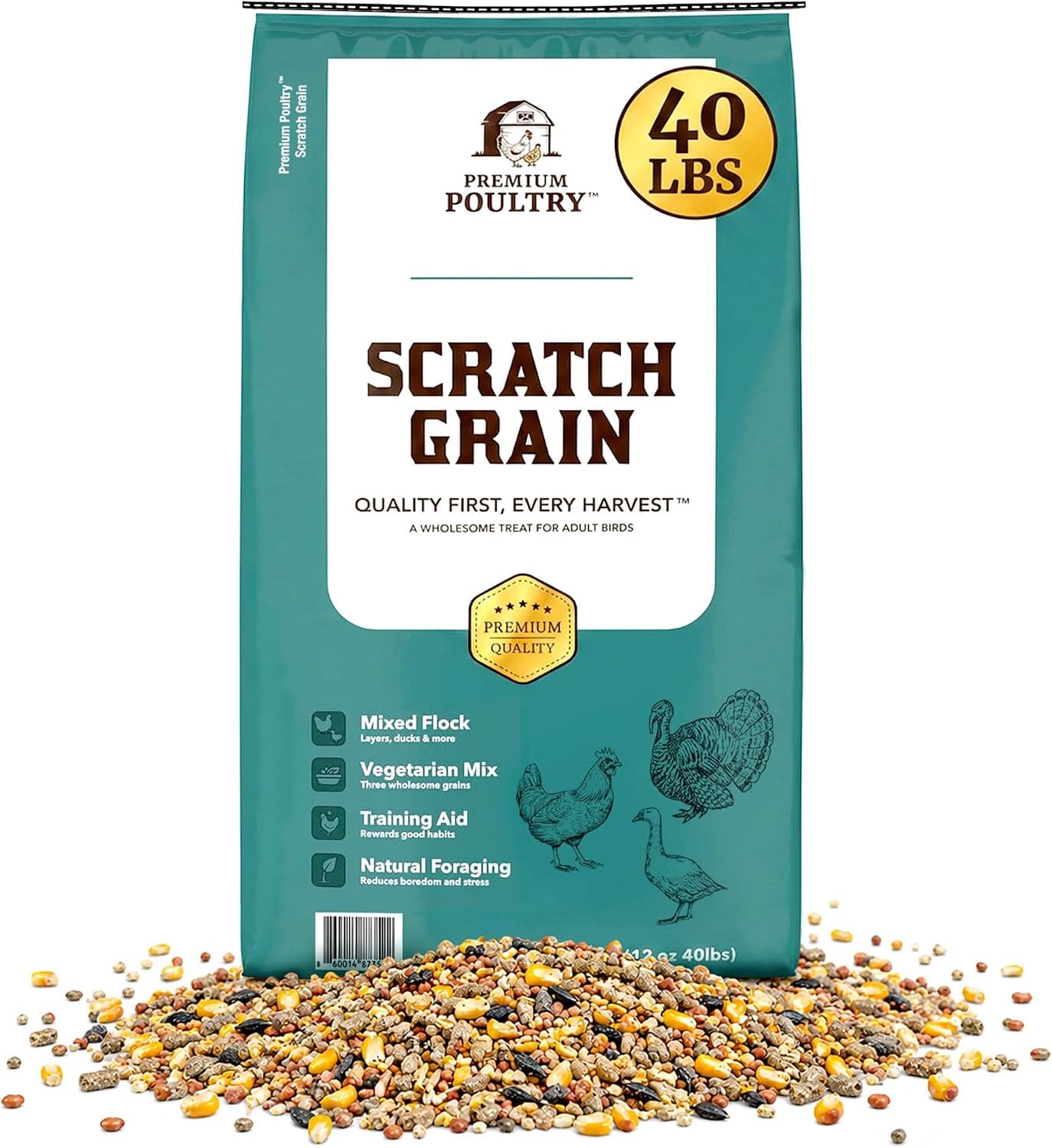Premium Poultry Chicken Scratch Grain for Chickens, Ducks & Turkeys, Natural 3-Grain Scratch Feed Treat, 40 lbs