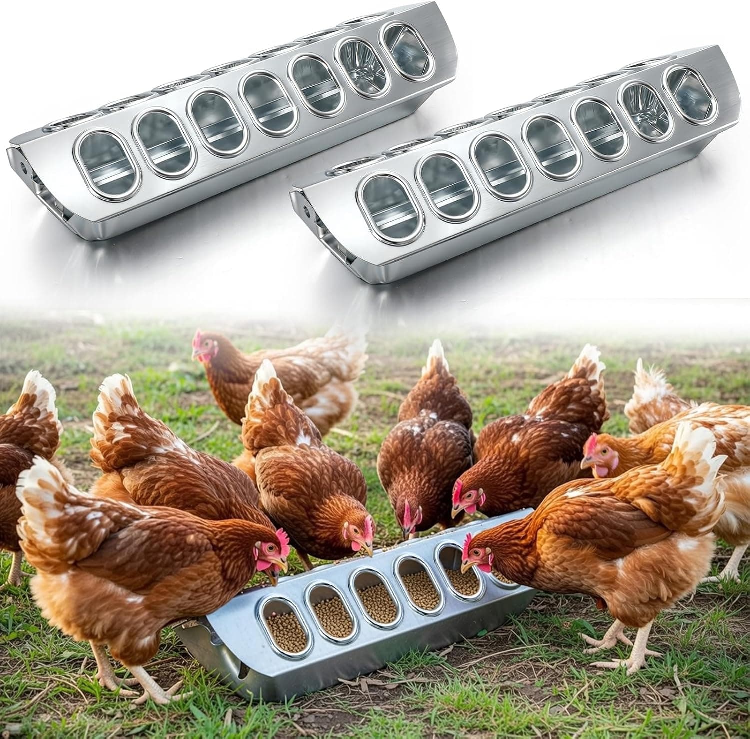 Potchen 2 Pcs Slide-Top Galvanized Metal Chicken Feeder Trough with Removable Top, Multi-Hole Tray, 12 Inch