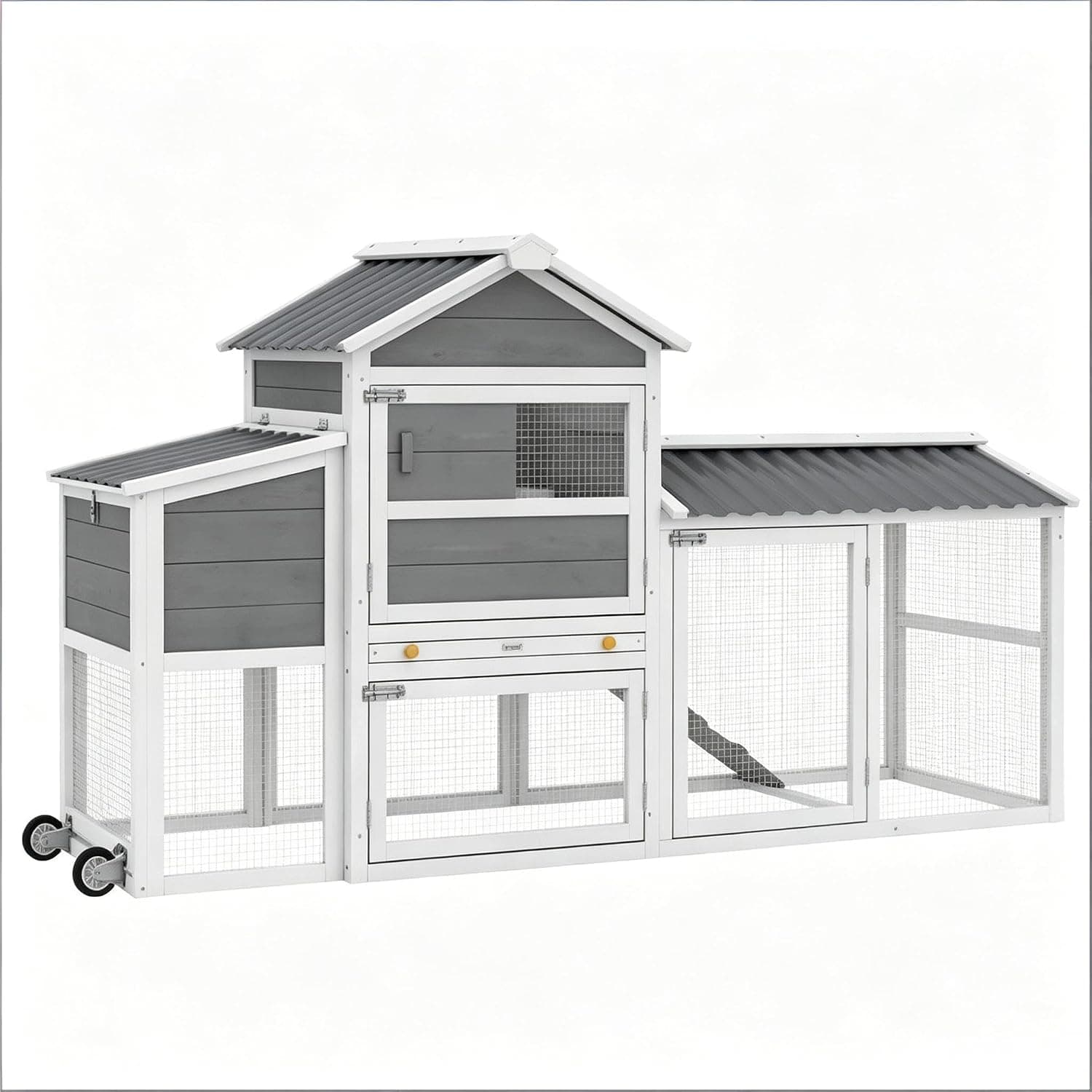 Chicken Coop with Wheels Outdoor Wooden Chicken House for 2-4 Chickens, Mobile Chicken Tractor with Nesting Box, Pull-Out Tray, Perches and Run